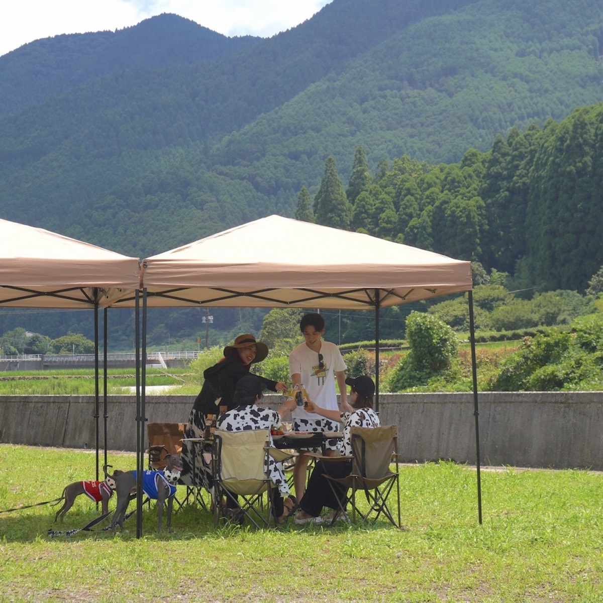 タープの下でBBQを楽しむグループ